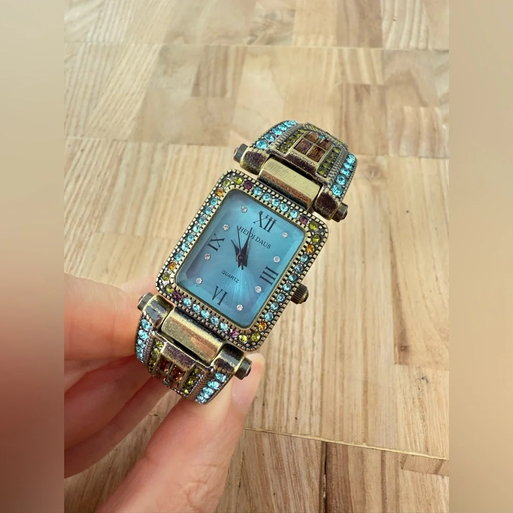 Heidi Daus ladies blue dial multi color stone cuff bracelet watch NEW BATTERY